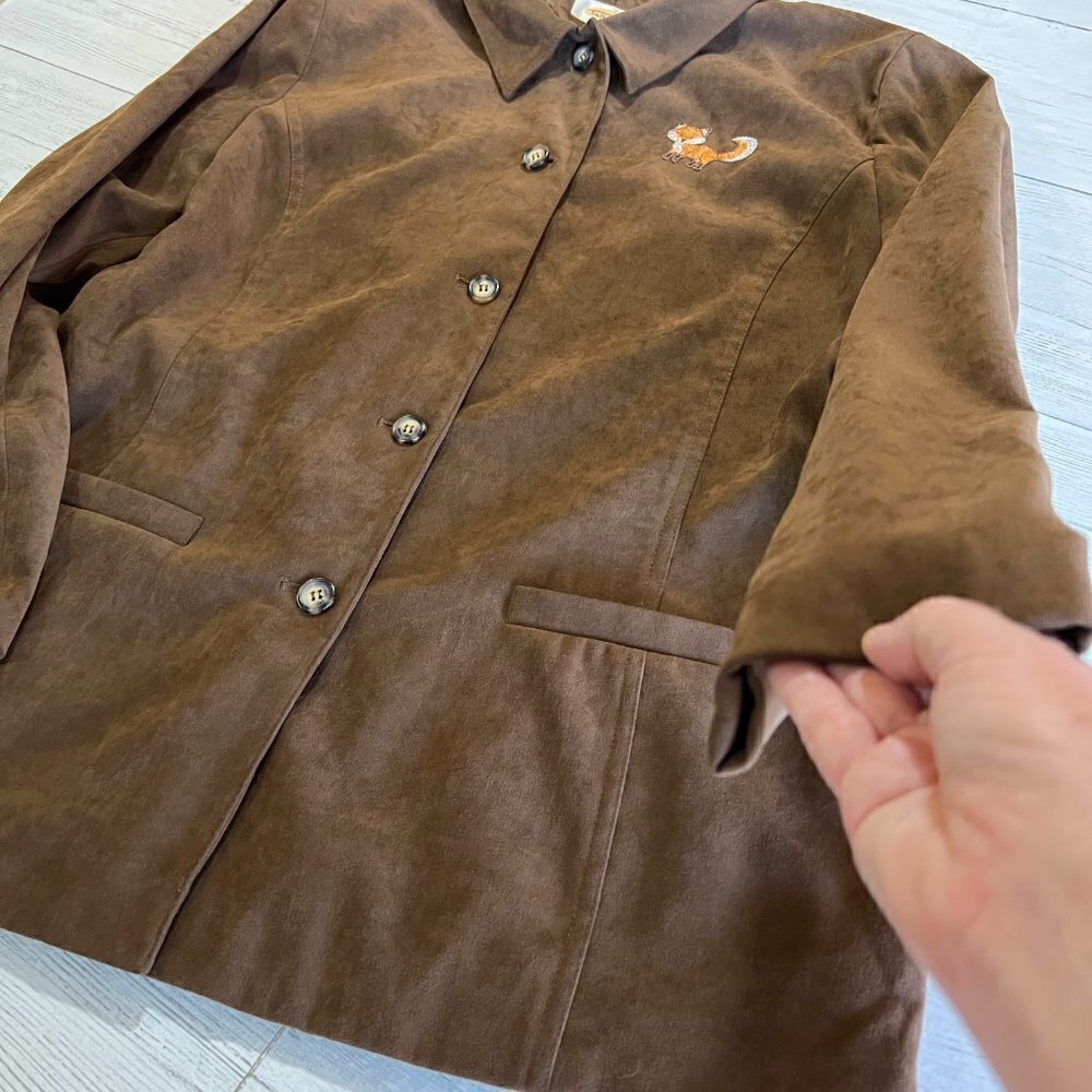 Talbots Blazer Jacket Womens Size Large Brown Suede Adorable Fox Patch Fall Wear - Picture 14 of 16